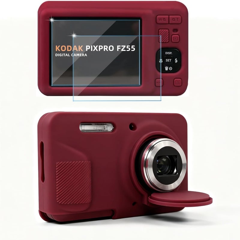 Frevyve Case for Kodak PIXPRO FZ55 Digital Camera Accessories, Soft Silicone Protective Case, Slim Fit Sleeve with Removable Lens Cover and Screen Protector, Lightweight, Anti-Scratch (Dark Red) - Image 1